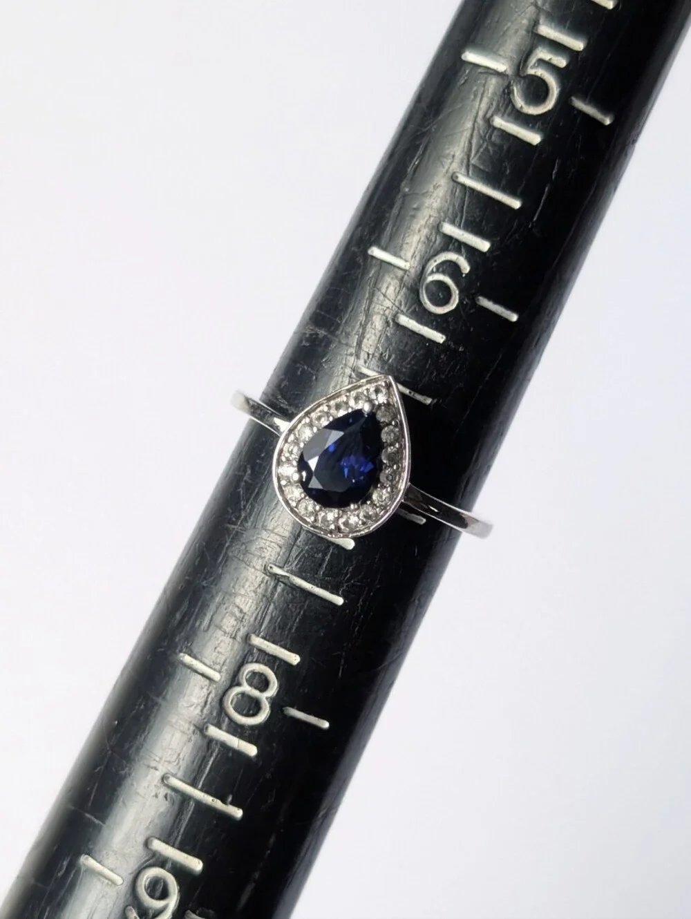 Sterling silver ring Pear shaped lab created blue white sapphire Rhodium JWBR